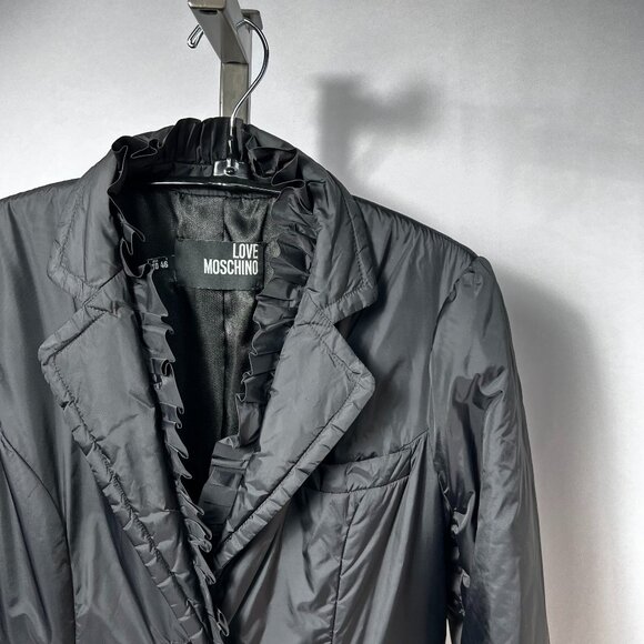 VTG LOVE MOSCHINO Black Nylon Ruffled Mid-Length Coat Size 10 - Picture 1 of 9